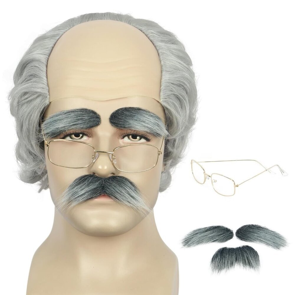 Short Curly Silver Gray Bald Head Old Men Cosplay Wig Receding Hairline Funny Co